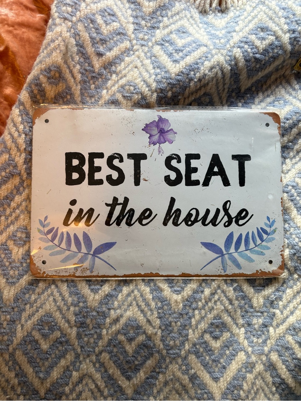 "Best Seat in the House" Decorative Metal Sign - White & Lavender